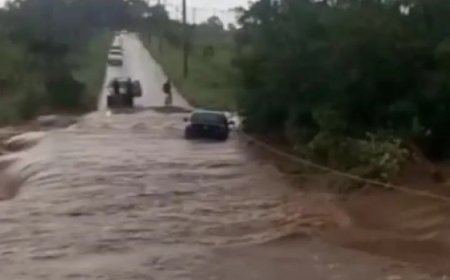 Motorista tenta atravessar ponte e carro acaba preso durante enchente em Luziânia