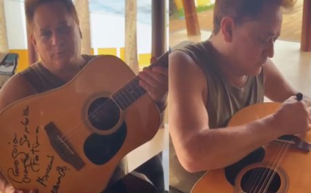 Vídeo mostra Leonardo autografando violão que será leiloado nesta quarta em festa de igreja de Goianésia